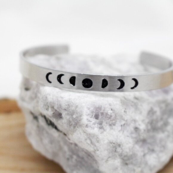 Moon Phases Bangle - Hand Stamped Anodized Aluminum Bangle - Adjustable - Picture 1 of 12